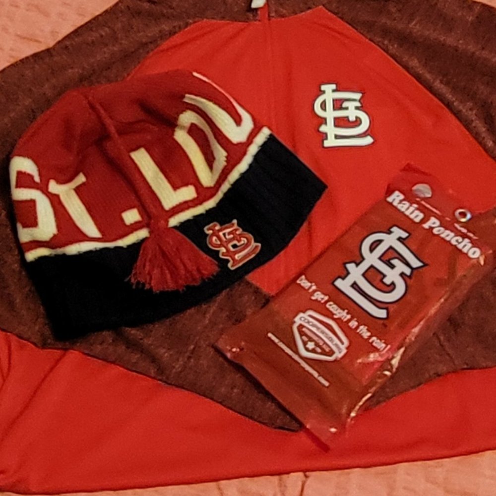 MLB Fans! ST. Louis knit pom tassel toboggan & STL rain poncho.